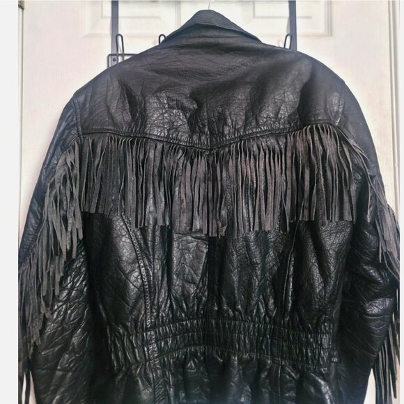 VTG Women’s Black Fringed Leather Heavy Biker Motorcycle Jacket Size S Hudson - Picture 7 of 14